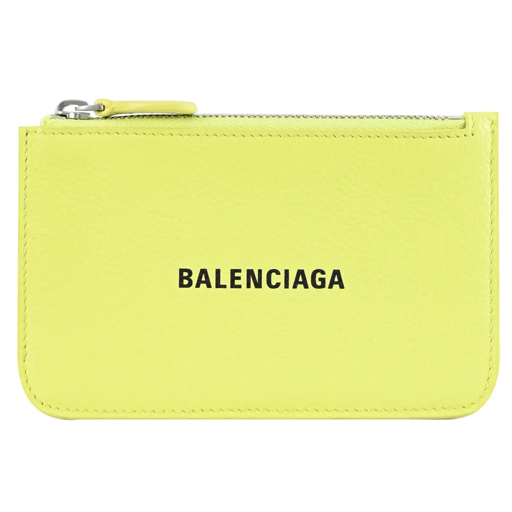 【Balenciaga 巴黎世家】簡約經典品牌LOGO荔枝牛皮信用卡零錢包(螢光黃)