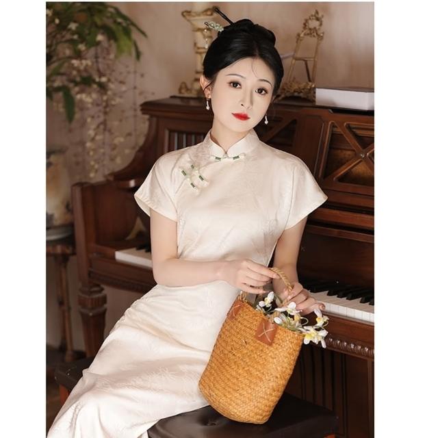 【巴黎精品】現貨+預購 連身裙改良式旗袍(新中式短袖緞面提花收腰女裙子a1gc16)
