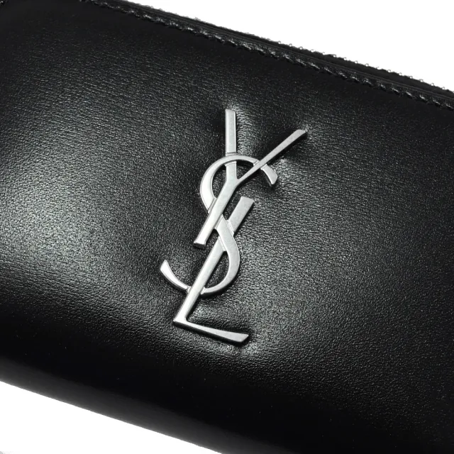 【YSL】經典字母LOGO小牛皮信用卡名片三層拉鍊零錢包(黑)