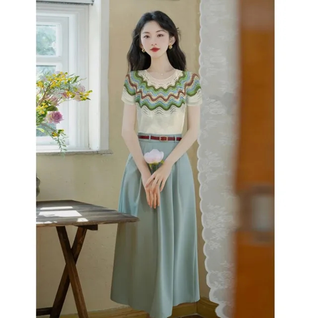 【巴黎精品】現貨+預購 休閒套裝短袖裙裝(針織衫幾何A字長裙女裝v1bp61)