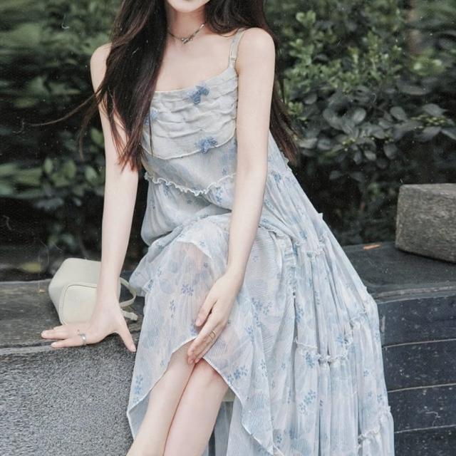 【巴黎精品】現貨+預購 洋裝連身長裙(細肩帶印花壓褶休閒女裙子a1gp48)