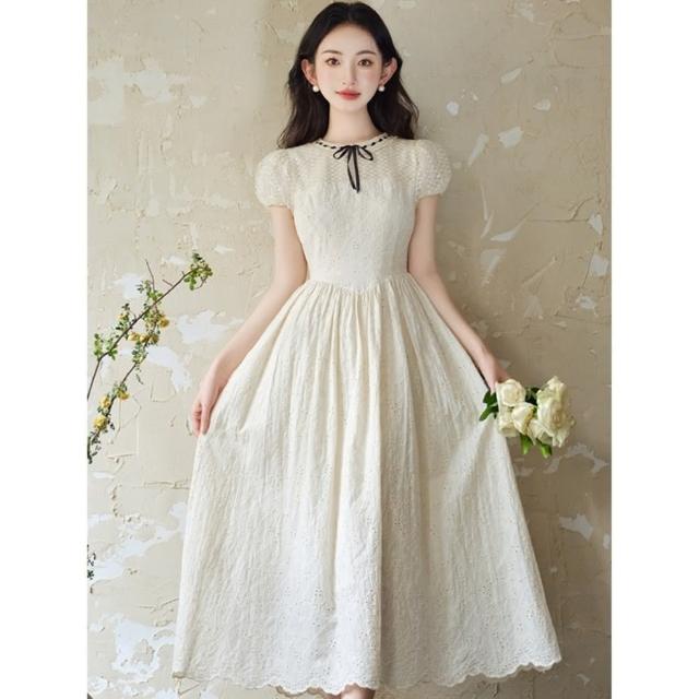 【巴黎精品】現貨+預購 長洋裝連身裙(短袖綁帶繡花收腰女裙子v1bp68)