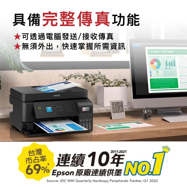 【EPSON】搭2組T00V原廠1黑3彩墨水★L5590 雙網傳真智慧遙控連續供墨複合機(3年保固組)