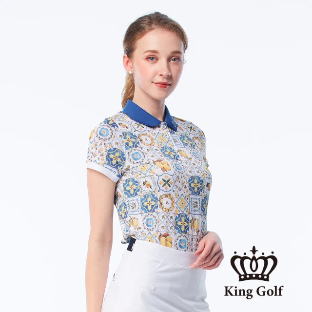 KING GOLF MOMO特談-女款南法畫布風印花LOGO撞色涼感短袖POLO衫/高爾夫球衫(藍色)