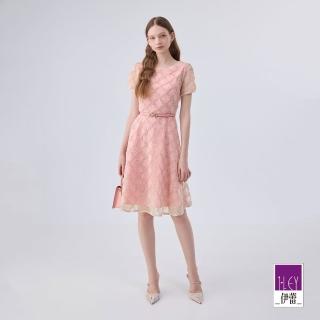 【ILEY 伊蕾】立體格紋蕾絲網布圓領洋裝(粉色；M-XL；1242167145)