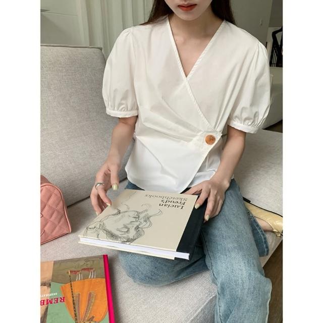 【巴黎精品】現貨+預購 襯衫短袖上衣(V領不規則收腰短款女裝2色a1fx47)