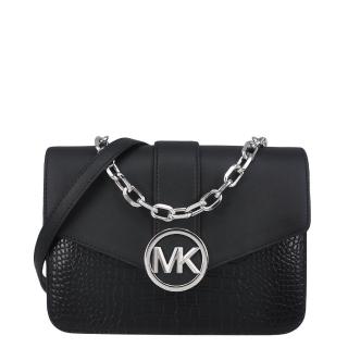 【Michael Kors】CARMEN系列銀字LOGO 拼接動物造型皮革金屬釦鍊條肩背/斜背 兩用包(黑)