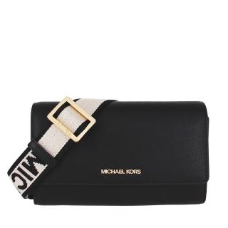 【Michael Kors】JET SET ITEM系列 全皮革 金字LOGO WOC 寬背帶 斜背包(黑)