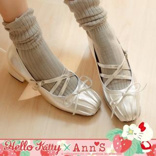 【Ann’S】Ann’S X Sanrio三麗鷗 HELLO KITTY聯名貝殼蝴蝶結粗跟細帶瑪莉珍鞋3.5cm(銀)