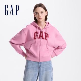 【GAP】女裝 Logo刺繡刷毛連帽外套 碳素軟磨系列-粉色(634420)