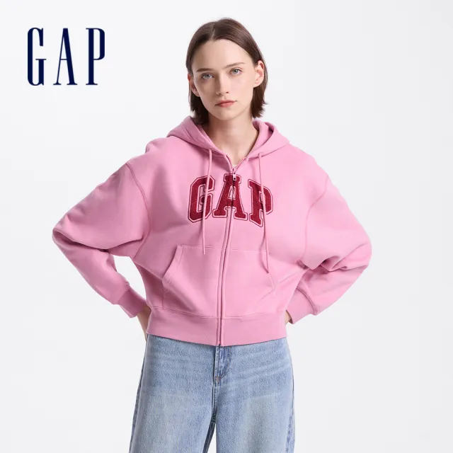 【GAP】女裝 Logo刺繡刷毛連帽外套 碳素軟磨系列-粉色(634420)