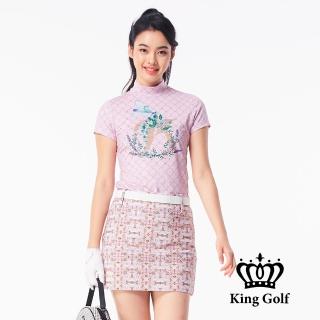 【KING GOLF】MOMO特談-女款蜻蜓花卉印花草寫K字立體貼鑽涼感小立領上衣/高爾夫球衫(粉色)