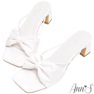 【Ann’S】柔軟抓皺蝴蝶結-粗跟方頭涼拖鞋5cm(白)