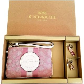 【COACH】限定款粉色織紋布白色圓形皮標+LOVE+小熊手拿包禮盒組