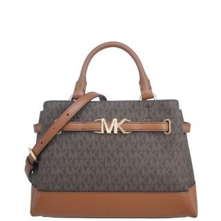 【Michael Kors】REED系列金字LOGO 全皮革拉鍊三層 手提/斜背 兩用黛妃包(字母咖/瑕疵出清)