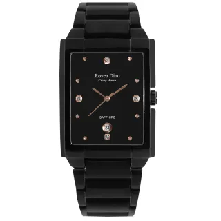 【Roven Dino 羅梵迪諾】復古方形 晶鑽閃耀 藍寶石水晶玻璃 日期 不鏽鋼手錶 鍍黑 31mm(RD66036BM)