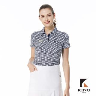 【KING GOLF】實體同步款-女款滿版幾何跳色LOGO印花立體燙鑽透氣涼感開襟短袖POLO衫/高爾夫球衫(丈青)