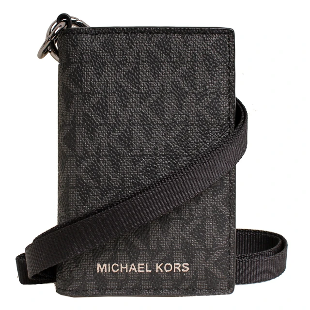 Michael Kors MK燙銀LOGO防刮皮革多卡層掛繩卡片夾/證件夾卡包(滿版黑)