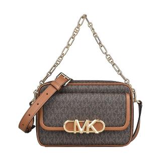【Michael Kors】MK MICHAEL KORS PARKER金字LOGO拉鍊印花PVC搭牛皮滾邊手提斜揹包(中/深褐x橡子棕)