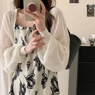 【D.studio】韓版薄款寬鬆燈籠袖冰絲防曬外套(針織外套 上衣 女裝 衣服 外套 長袖上衣 短版外套 J337)