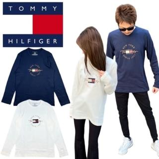 【Tommy Hilfiger】歐美版型 輕薄款 長袖圓領T恤 上衣 休閒 居家穿搭 米白/深藍色(請參考尺碼表後再選購)