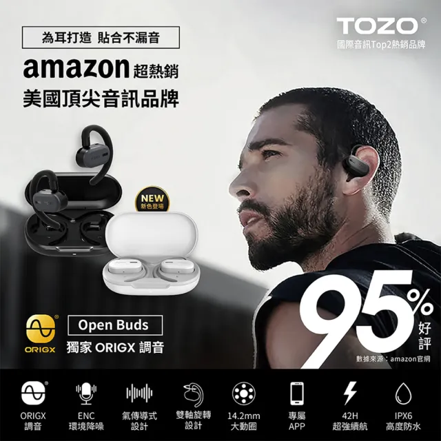 口袋快充組【TOZO】OpenBuds降噪開放式氣傳導無線藍牙耳機(Amazon歐美熱賣/專屬APP/ENC通話降噪/耳掛式/IPX