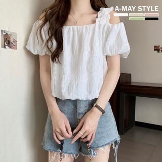 【艾美時尚】中大尺碼女裝 T恤 日韓系露肩吊帶甜美泡泡感上衣。S-XL(5色.預購)