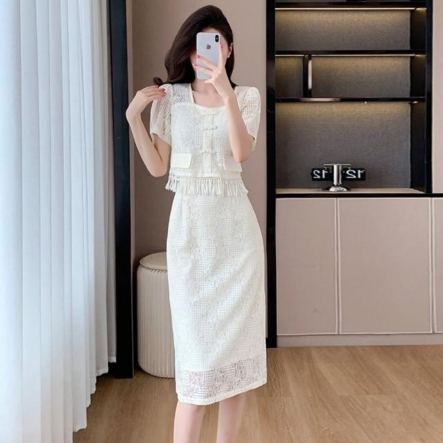 【巴黎精品】現貨+預購 長洋裝連身裙(短袖蕾絲流蘇假兩件女裝2色v1bp23)