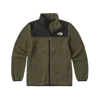 【The North Face 官方旗艦】北面兒童綠黑拼接品牌刺繡LOGO立領抓絨外套｜8DNA21L