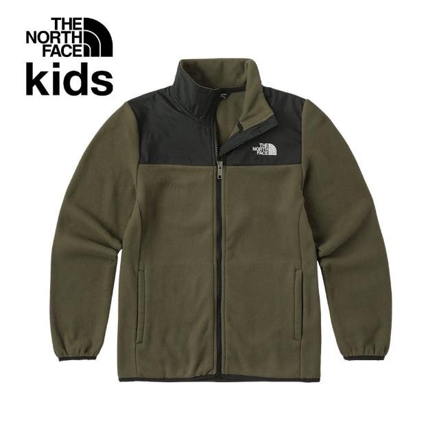 【The North Face 官方旗艦】北面兒童綠黑拼接品牌刺繡LOGO立領抓絨外套｜8DNA21L