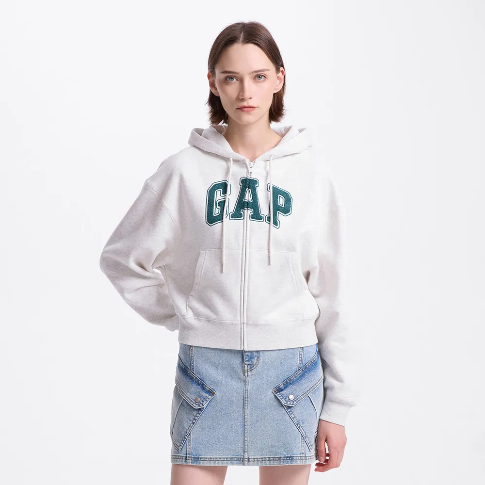 【GAP】女裝 Logo刺繡刷毛連帽外套 碳素軟磨系列-淺灰白(634420)