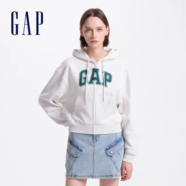 【GAP】女裝 Logo刺繡刷毛連帽外套 碳素軟磨系列-淺灰白(634420)