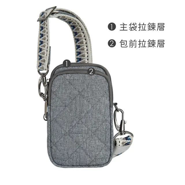 【Travelon】美國 Boho雙層防盜斜背小包 格紋灰 / 側背包 斜肩包 手機包 背帶包 出國 送禮 男 女