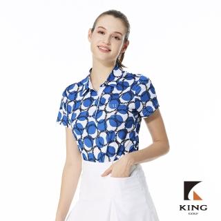 【KING GOLF】實體同步款-女款趣味圓圈滿版印花燙印LOGO透氣涼感開襟短袖POLO衫/高爾夫球衫(藍色)