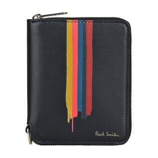 【Paul Smith】PAUL SMITH燙金LOGO拉鍊彩繪牛皮4卡短夾(黑x彩色條紋)