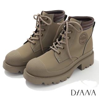 【DIANA】4 cm磨砂牛皮雙色拼接率性綁帶厚底低跟低跟短靴(磨砂灰)