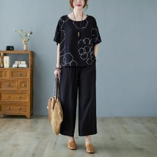 【LANNI 藍尼】★圓領麻感落肩舒適套裝(女裝/洋裝/套裝/長版上衣/連身裙)