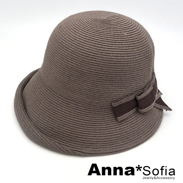 【AnnaSofia】遮陽帽防曬帽淑女帽網美渡假草帽海灘帽漁夫帽盆帽-側疊結小翻簷 現貨(濃咖系)