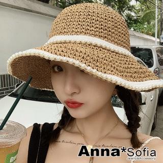 【AnnaSofia】遮陽帽防曬帽淑女帽網美渡假草帽海灘帽漁夫帽-媛珠繞滾邊 現貨(駝系)