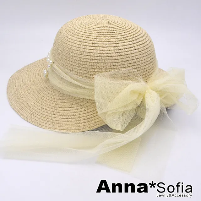 【AnnaSofia】買一送一久等禮 遮陽帽防曬帽淑女帽網美渡假草帽海灘帽漁夫帽盆帽-長紗帶綴珠 現貨(杏系)