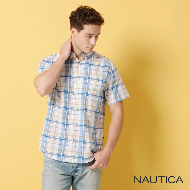 NAUTICA 男裝 清新格紋短袖襯衫(黃藍色)