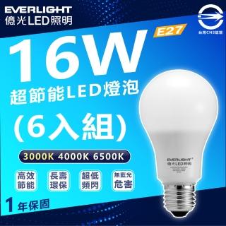 【Everlight 億光】6入組 16W 超節能LED燈泡 E27 省電燈泡(白光/中性光/黃光)