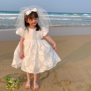 【橘魔法】純白刺繡花朵紗質小包袖洋裝(白色洋裝 短袖洋裝 連身裙 連衣裙 女童 童裝 兒童)