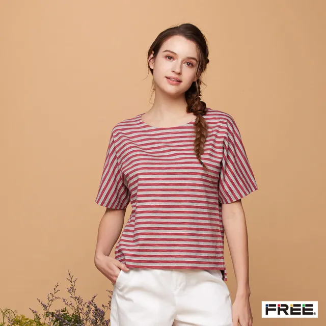 【FREE】純棉條紋前短後長圓領上衣(紅色)