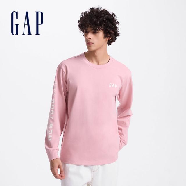 【GAP】男女同款 Logo純棉印花圓領長袖上衣 水洗棉系列-粉色(638812)