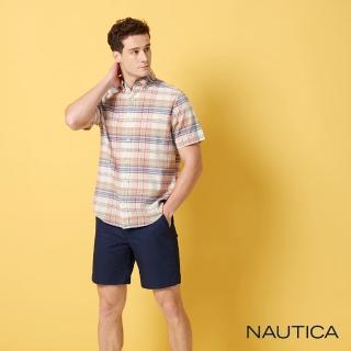 【NAUTICA】男裝 純棉柔感格紋短袖襯衫(粉藍色)