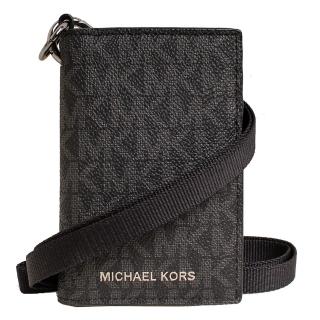 【Michael Kors】MK燙銀LOGO防刮皮革多卡層掛繩卡片夾/證件夾卡包(滿版黑)