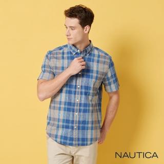 【NAUTICA】男裝 純棉舒適格紋短袖襯衫(藍色)