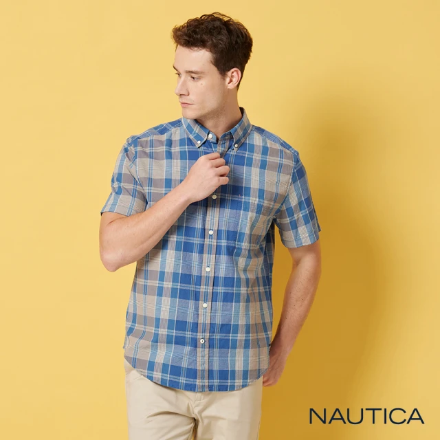 NAUTICA 男裝 純棉舒適格紋短袖襯衫(藍色)