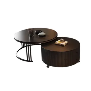 【E-home家居】岩板圓形茶几 組合茶几 岩板茶几(60*70 加厚加粗碳素鋼架 大容量收納 萬向輪設計 預購15天)